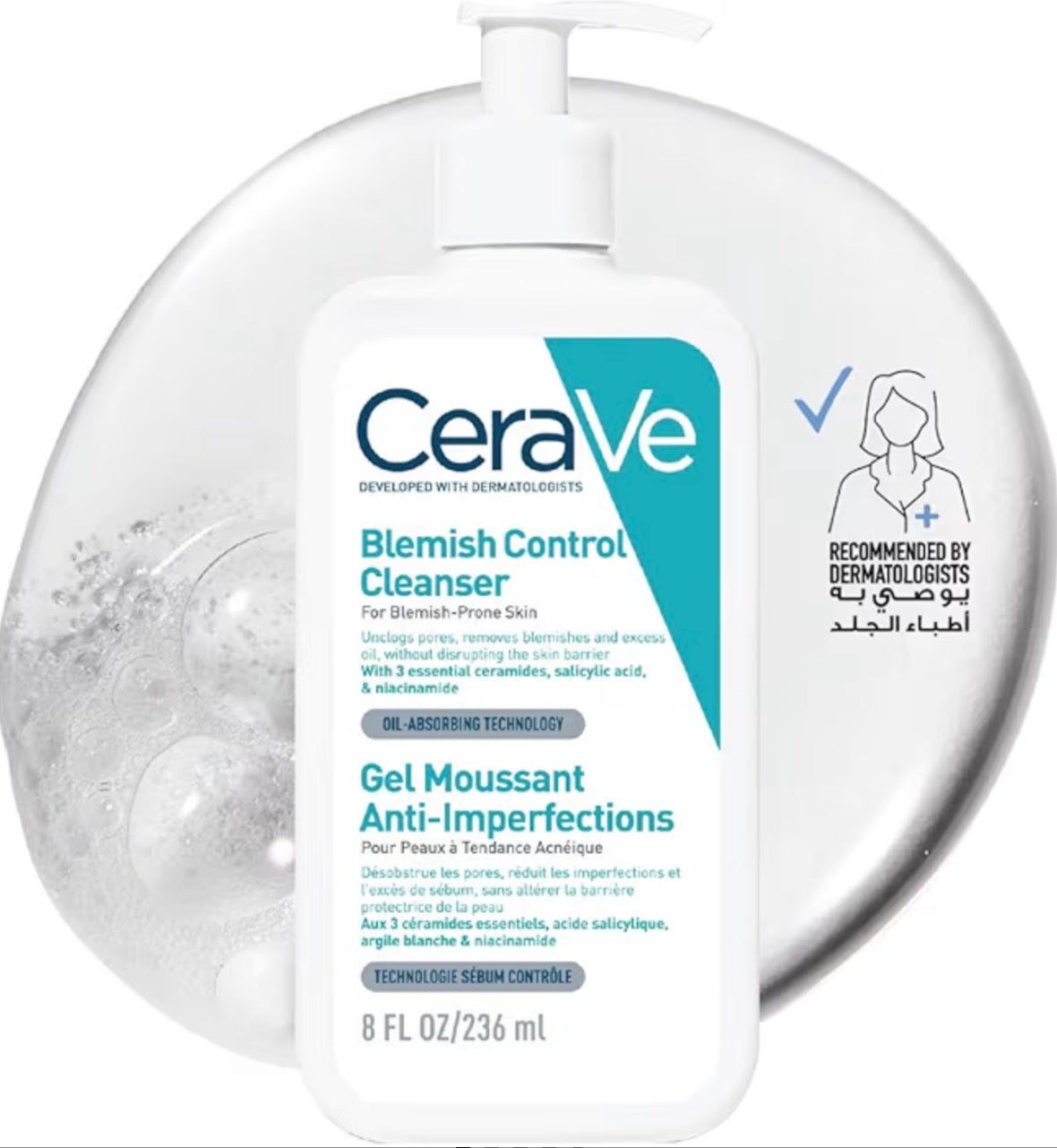 CeraVe Blemish Control Cleanser Face Wash For Acne & Blemish Prone Skin with 2% Salicylic Acid, Niacinamide and Ceramides 236 ml | Exfoliating Gel-to-Foam Face Wash with 3 Essential Ceramides, Reduces Blackheads & Breakouts, Oil-Absorbing