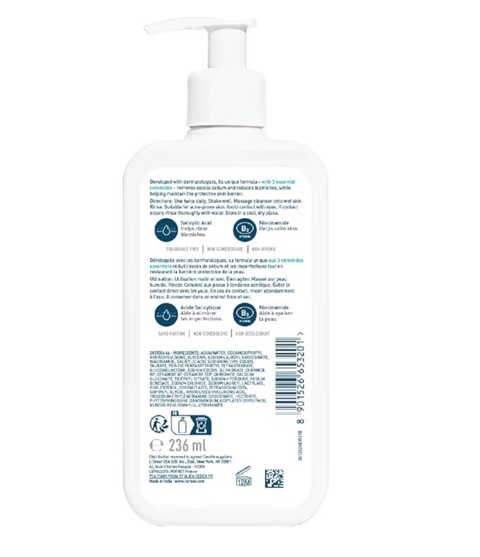 CeraVe Blemish Control Cleanser Face Wash For Acne & Blemish Prone Skin with 2% Salicylic Acid, Niacinamide and Ceramides 236 ml | Exfoliating Gel-to-Foam Face Wash with 3 Essential Ceramides, Reduces Blackheads & Breakouts, Oil-Absorbing