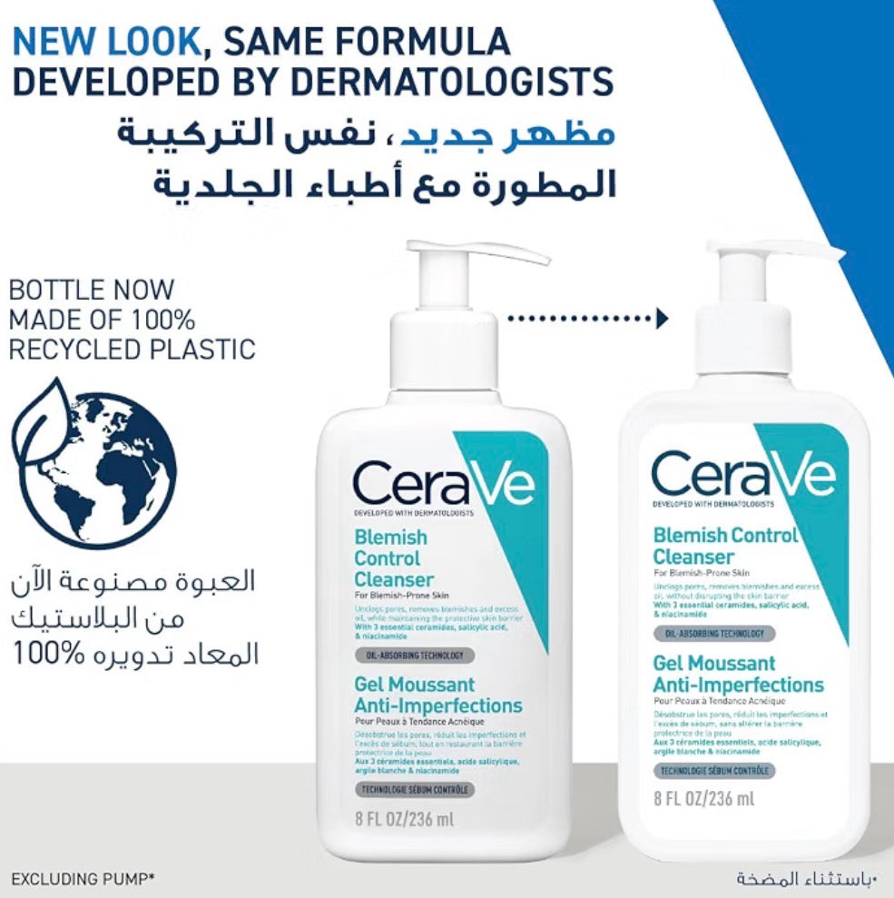 CeraVe Blemish Control Cleanser Face Wash For Acne & Blemish Prone Skin with 2% Salicylic Acid, Niacinamide and Ceramides 236 ml | Exfoliating Gel-to-Foam Face Wash with 3 Essential Ceramides, Reduces Blackheads & Breakouts, Oil-Absorbing