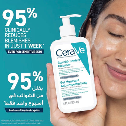 CeraVe Blemish Control Cleanser Face Wash For Acne & Blemish Prone Skin with 2% Salicylic Acid, Niacinamide and Ceramides 236 ml | Exfoliating Gel-to-Foam Face Wash with 3 Essential Ceramides, Reduces Blackheads & Breakouts, Oil-Absorbing