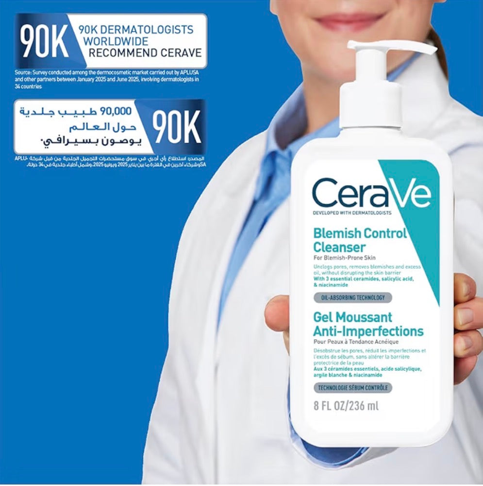 CeraVe Blemish Control Cleanser Face Wash For Acne & Blemish Prone Skin with 2% Salicylic Acid, Niacinamide and Ceramides 236 ml | Exfoliating Gel-to-Foam Face Wash with 3 Essential Ceramides, Reduces Blackheads & Breakouts, Oil-Absorbing
